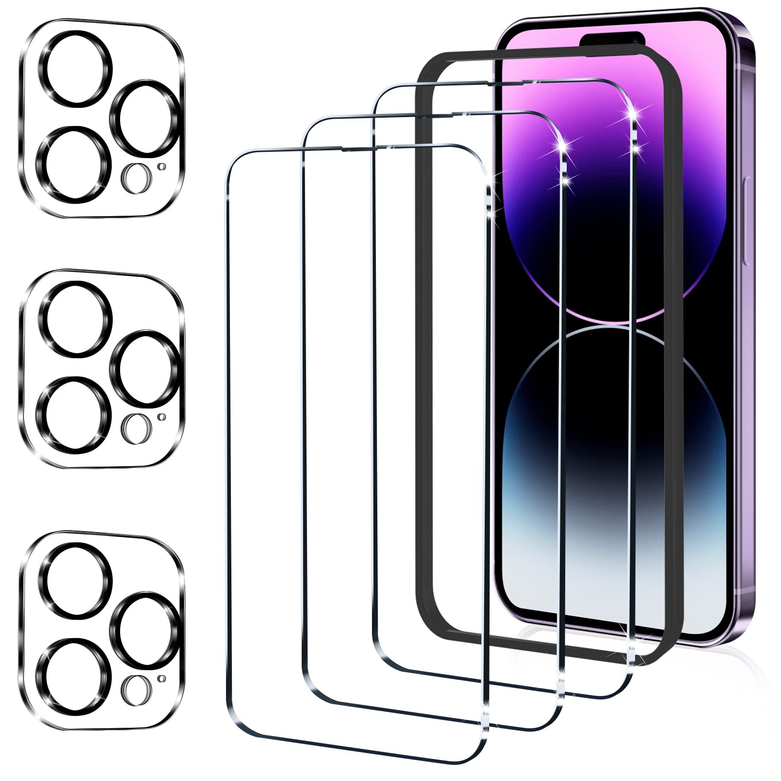 YMHML [3+3] 3 Pack Compatible for iPhone 14 Pro Screen Protector with 3 Pack Camera Lens Protector, Upgrade Tempered Glass Full Screen Protector for iPhone 14 Pro (6.1 Inch), HD Bubble Free Easy Installation