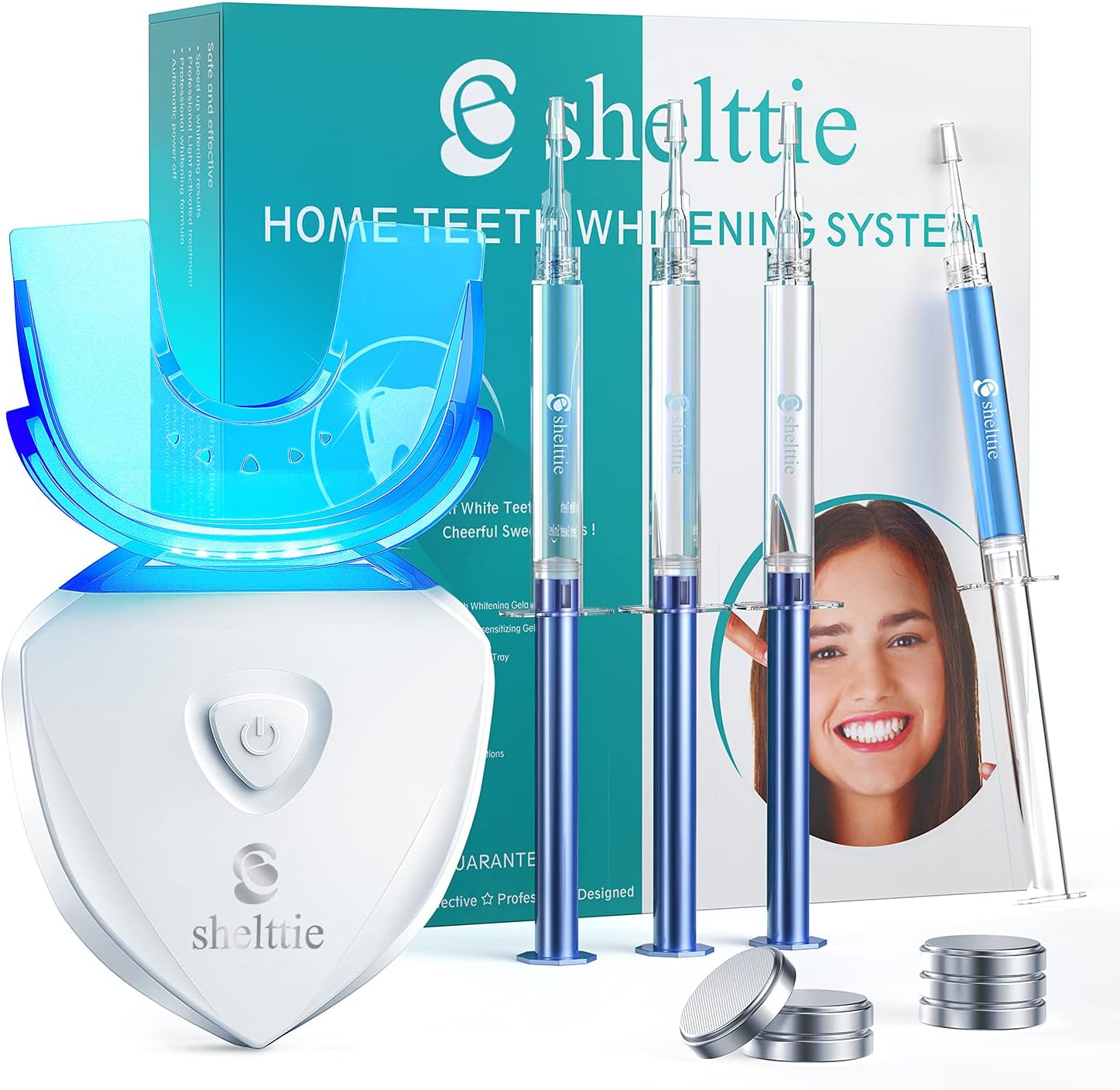 Teeth Whitening Kit with LED Light / 3+1 Refills - SHELTTIE Professional Teeth Whitening Products Light for Sensitive Teeth, with 35% Hydrogen Peroxide Whitening Gel, 6 Extra Button Batteries, 2 Trays : Beauty & Personal Care