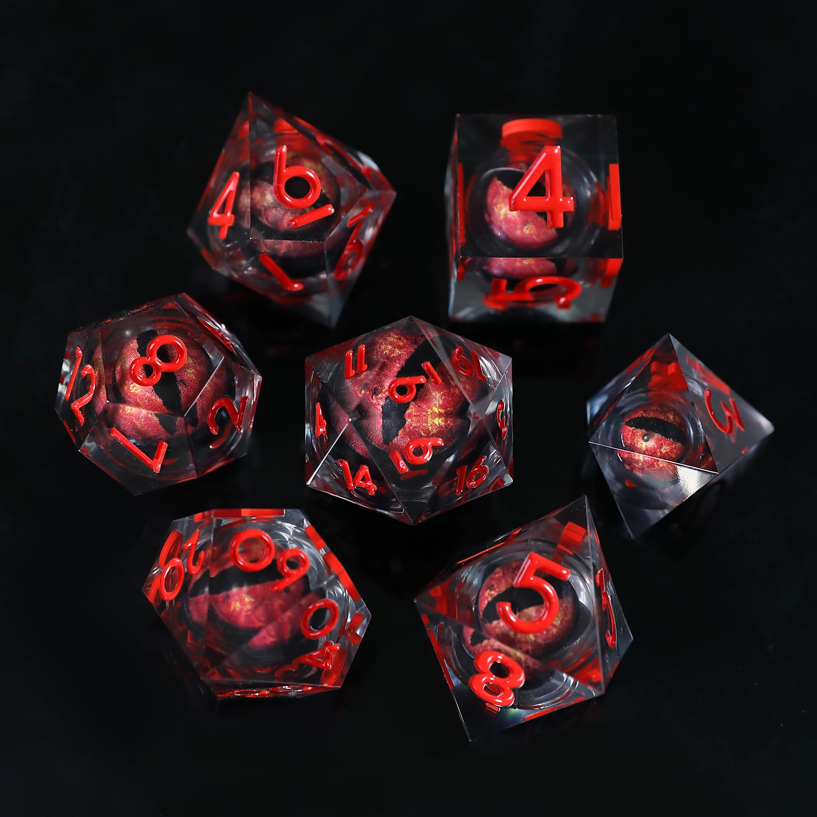 DND Dice Set Floating Pupil Skull Eyeball 7 Piece Handmade Polyhedral D&D Resin Sharp Edge Dice for Dungeons and Dragons RPG Role Playing Antique Halloween Dice with Gift Box