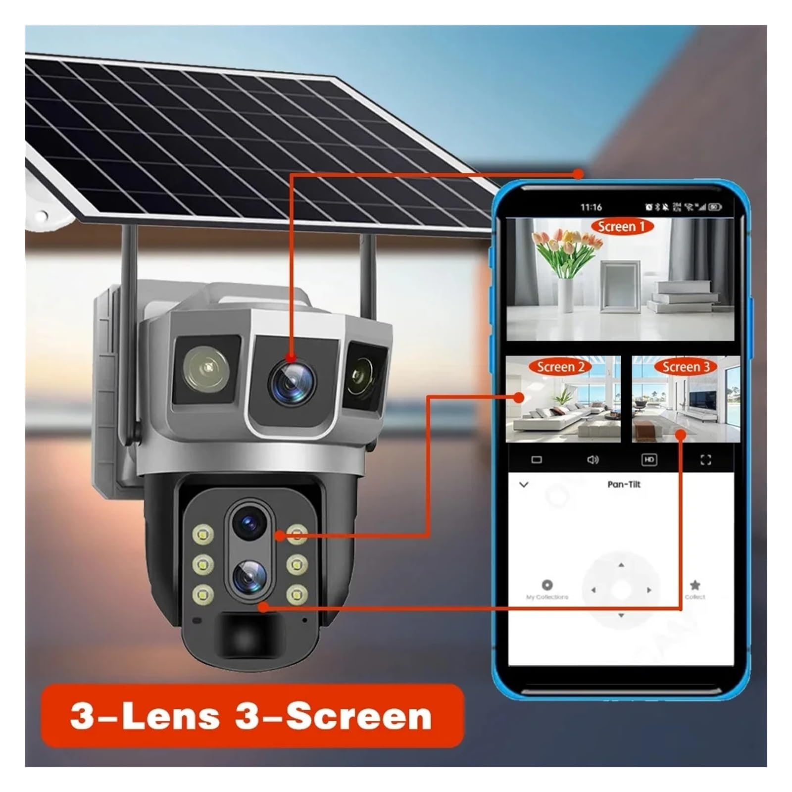 Cámara 4G de 3 Lentes, 12 MP, Tarjeta SIM 4G, cámara CCTV Solar, PTZ, Zoom 10X, for Exteriores, 3 Pantallas, batería, Seguridad, IP 4G, V380 Pro(4G Camera No Card)