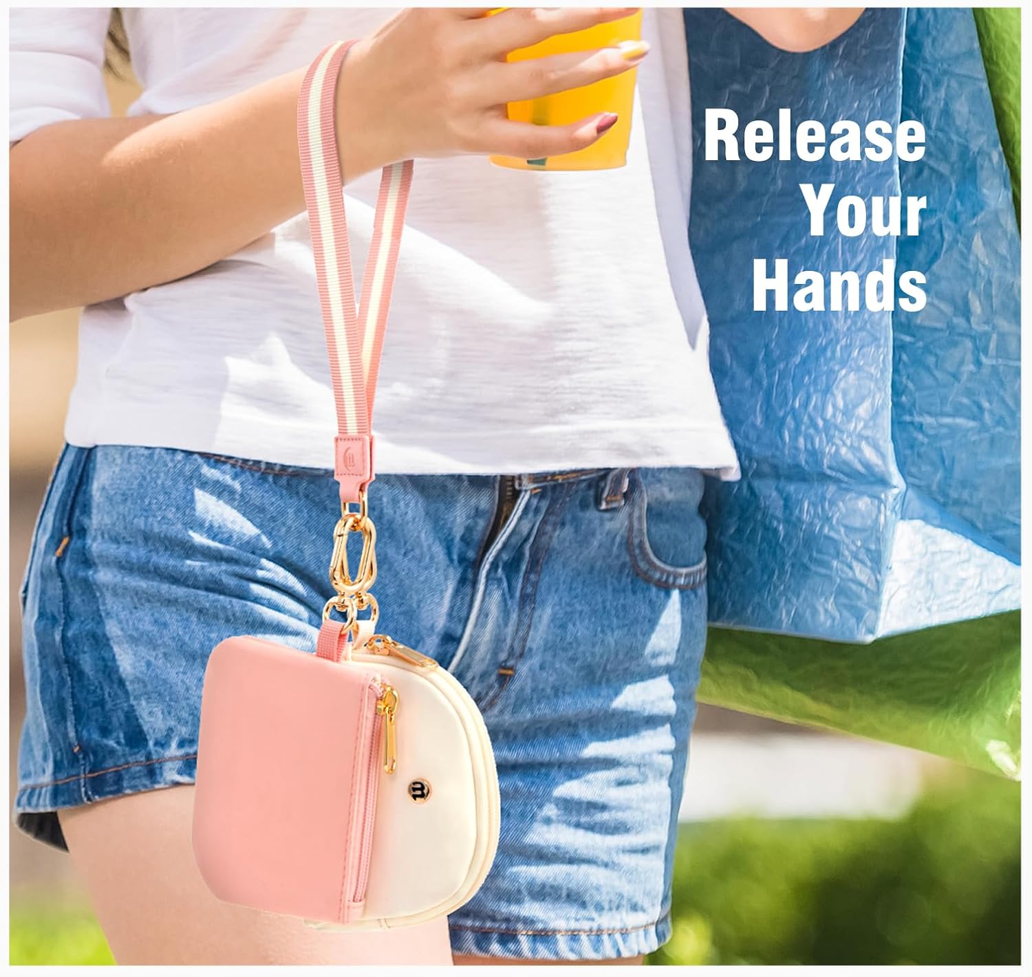 Wristlet Keychain Wallet for Women, Mini Dual Pouch with Coin Pouch – Zip Around wristlet Keychain Wallet with 2 Wristlets, Ideal for Dog Walking, Coffee Runs & Lunch Break Essentials(Beige+Pink G)