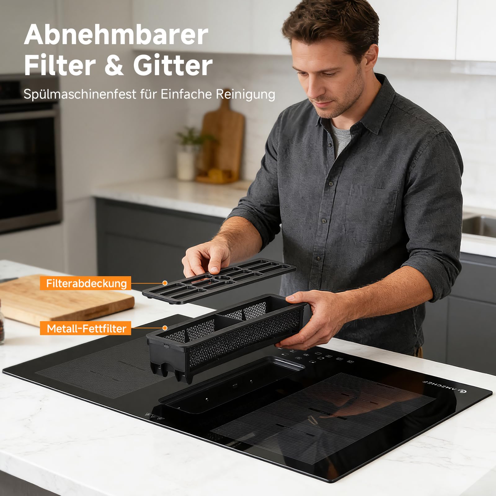 AMZCHEF Induktionskochfeld mit Integriertem Dunstabzug, 4 Kochzonen, 7200W Gesamtleistung, 650m³/h Automatische Hob2Hood-Belüftung, 9 Leistungsstufen, Timer & Kindersicherung, Boost & Flexzonen