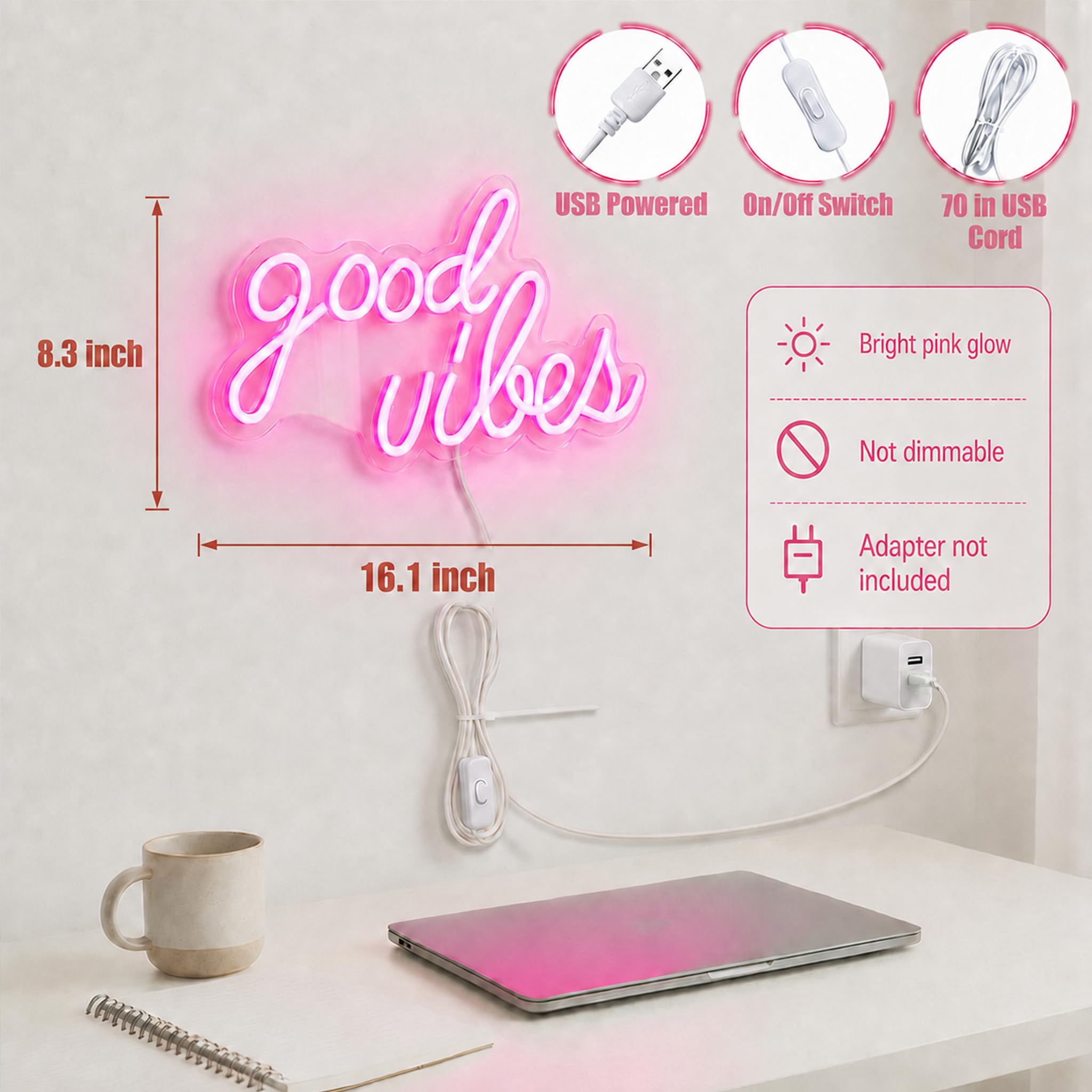 DECANIT Good Vibes Lampe LED 3D esthétique pour décoration murale, chambre, dortoir universitaire, studio, veilleuse 3D alimentée par USB pour cadeau d'anniversaire, fond de fête, 40,6 x 21,6 cm (rose