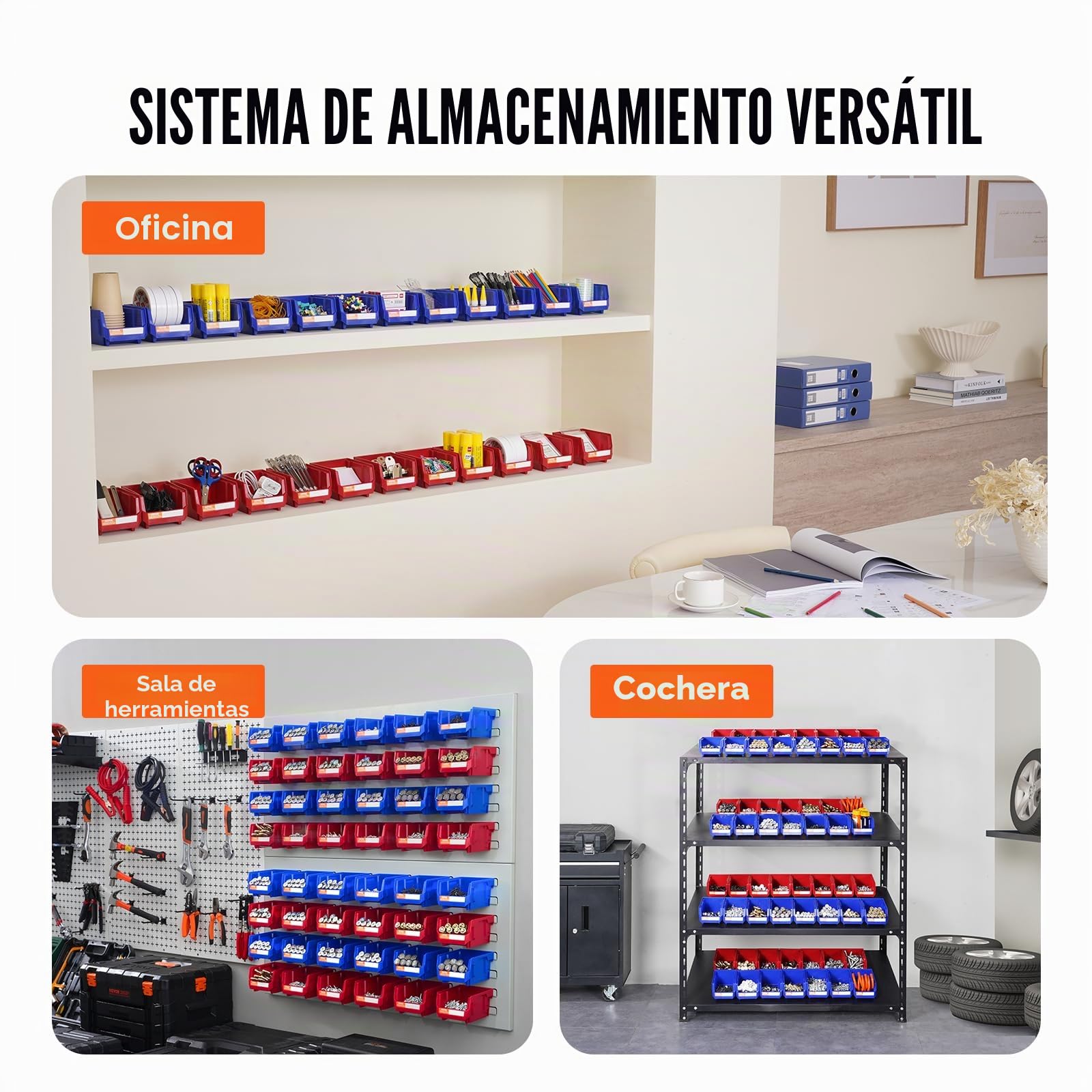 VEVOR Contenedor de Pernos 24 Cajas de Almacenamiento Apilables para Taller 137 x 105 x 78 mm Combinación Azul/Roja Contenedor de Herramientas para Armario, Cocina, Oficina, Despensa, Estante, Pared