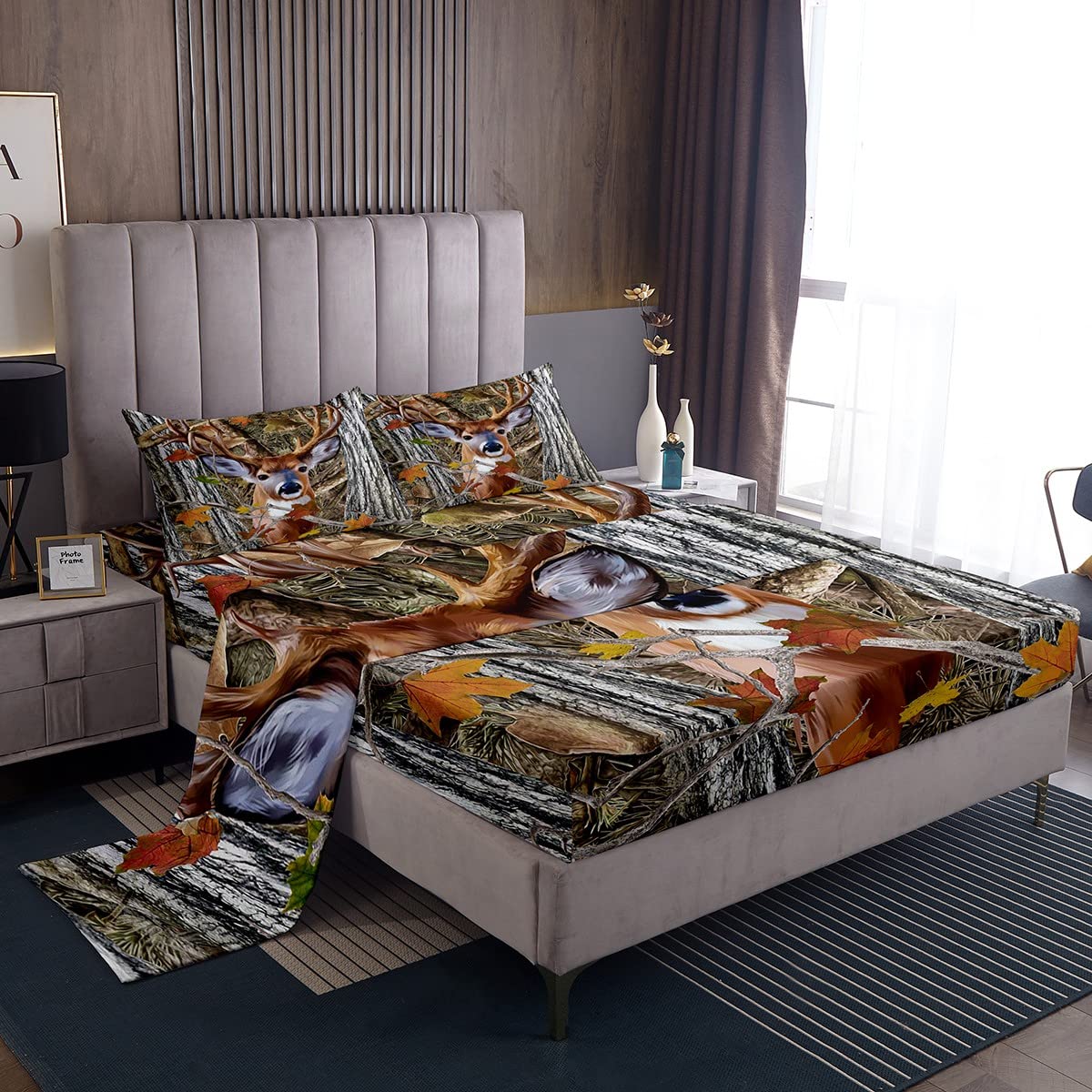 Autumn Deer Bed Sheet Set Twin Size,Cartoon Deer Wild Animal Bedding Decor Set with 1 Flat&1 Fitted Sheet with 1 Pillow Sham,Yellow Maple Leaves Bedding Set for Kids Boys Xmas Gift