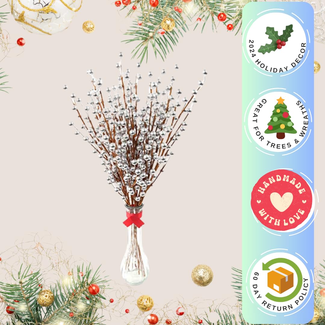 Larksilk Silver Berry Stem Picks (24 Pack) - Artificial Berries with Decorative Wire Branches for Christmas Tree, Festive Holiday Home Décor- Each Stem Boasts 35 Lush Berries - Christmas Tree Decor
