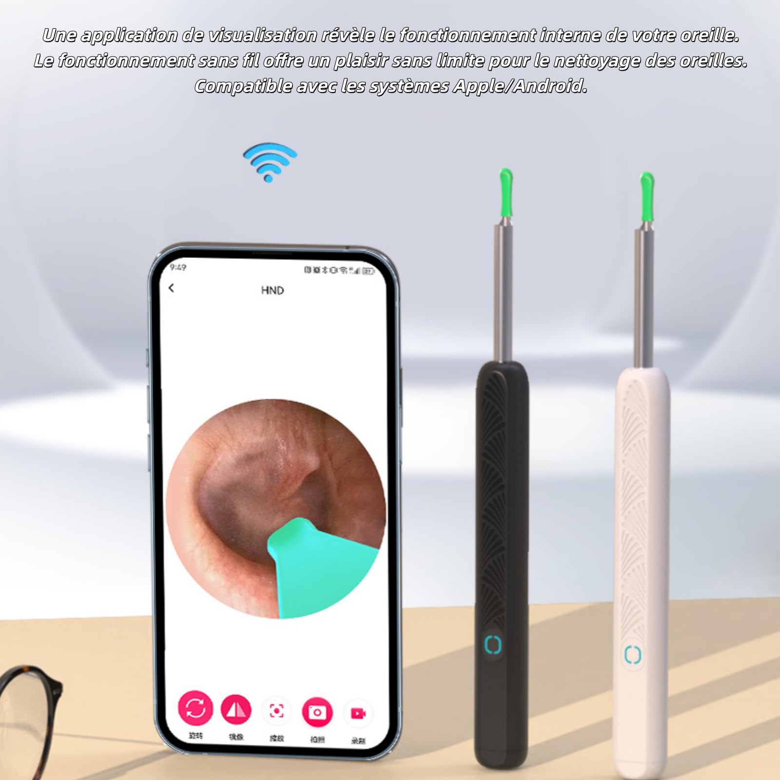AudiPro - Nettoyant d'oreilles avec caméra HD intégrée，Cuillère auriculaire visuelle, avec ensemble complet d'accessoires, pour retirer délicatement le cérumen