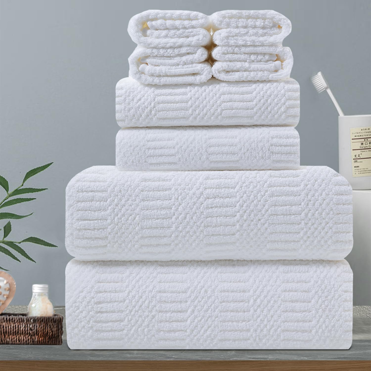 8 Piece Oversized Bath Towels Set White,2 Extra Large Bath Sheets,2 Hand Towels and 4 Washcloths 600 GSM Soft Bathroom Towel,Highly Absorbent Quick Dry Towels Set for Bathroom,Hotel and Spa