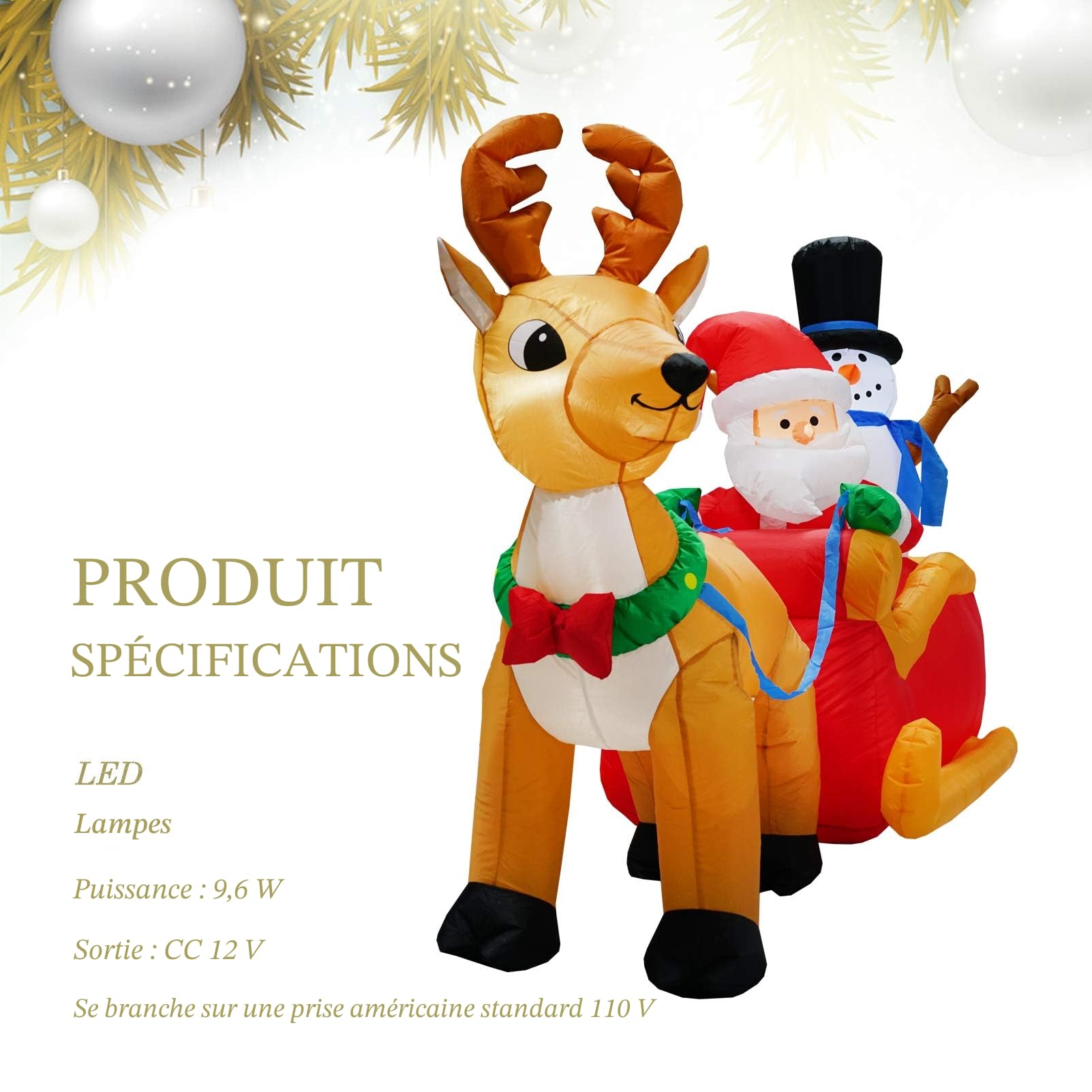 Père Noël Gonflable de 2 m de Long - Cadeau de Noël avec Bonhomme de Neige - pour décoration de Noël