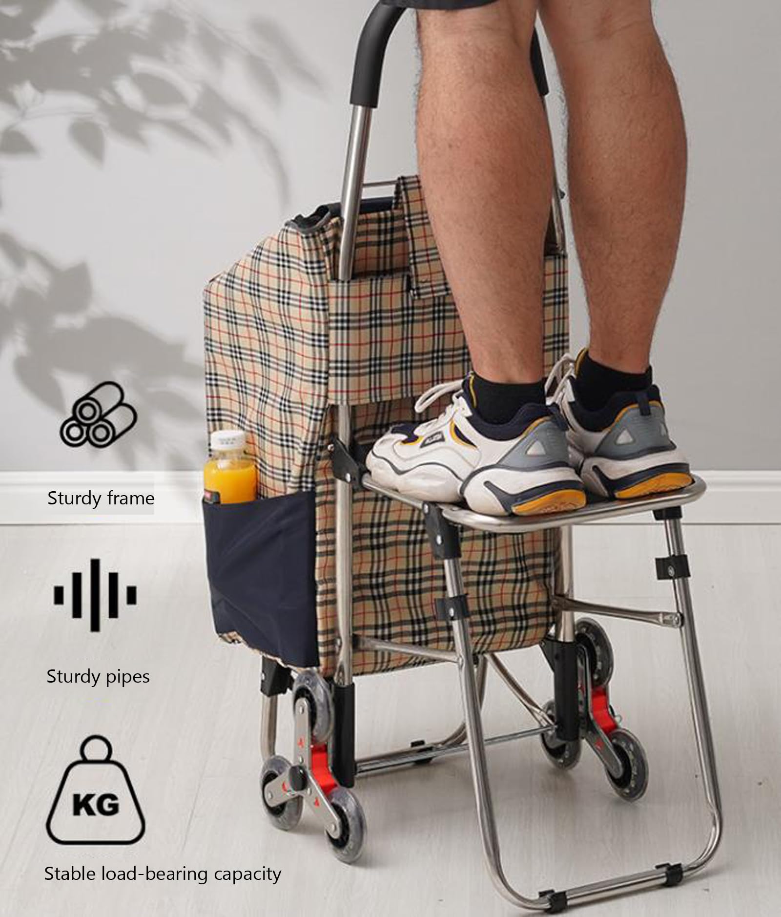Carrello per la spesa pieghevole con sedile – Carrello da arrampicata a 4 ruote per trasporto della spesa e uso esterno