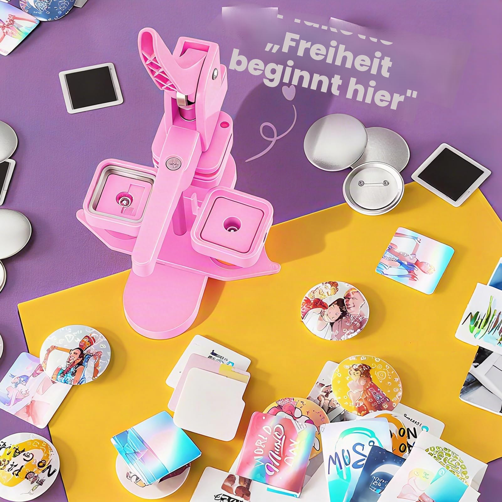 Button-Maschine, 50 mm, quadratisch, DIY-Kühlschrank, Abzeichen-Press-Set mit 100 Knopfteilen für Geschenke, Pin-Hersteller, Rosa