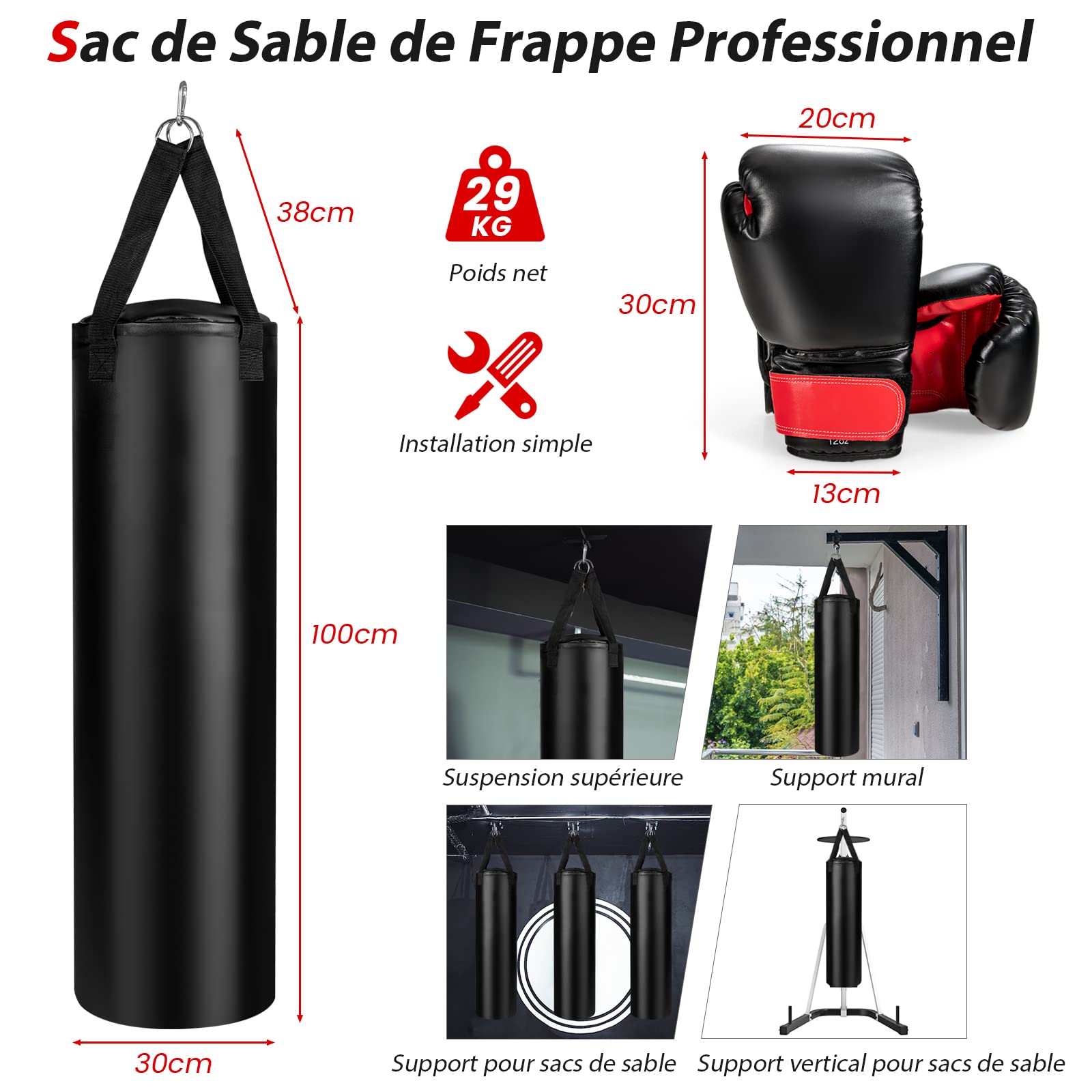 GYMAX Ensemble Sac de Boxe pour Adulte, Sac de Boxe Suspendu avec Gants de Boxe 12 Oz, Bandages de Boxe & Support Plafond, pour Sac de Sable Boxe, Kickboxing, Noir (30 * 100cm)