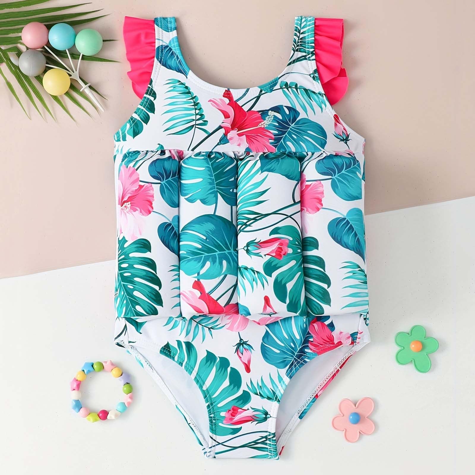 Générique Maillot de Bain Flottant Enfant Fille Imprimé à Manches Courtes Costume de Bain Piscine Plage Maillot Flottante Bouée Intégré avec des Bâtons de Flottabilité pour Natation Débutant Training