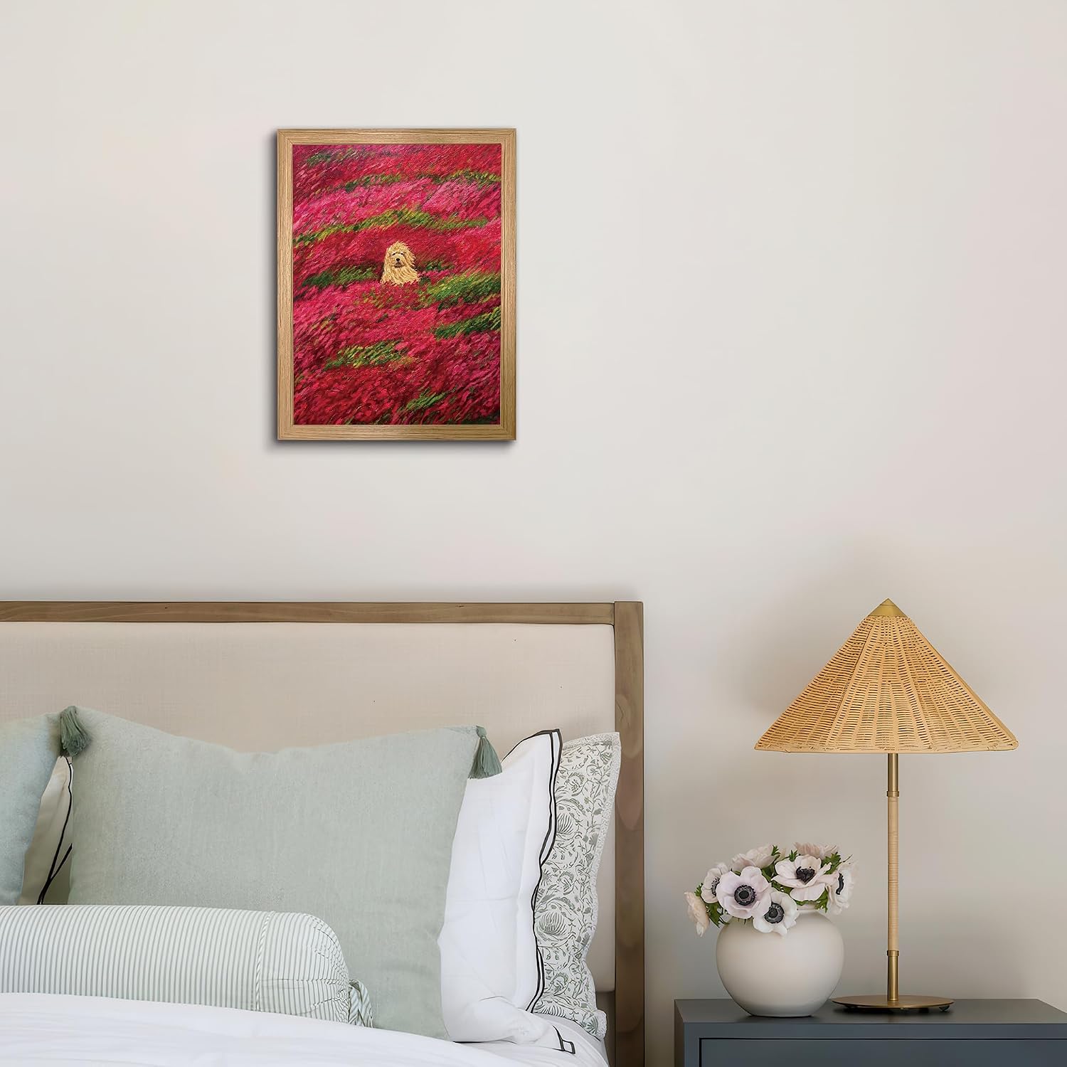 Puppy in Red Flower Field Framed Wall Art 12x16 Inch Solid Wood Frame No-Drill Hanging Kit Cute Fluffy Dog Impressionist Oil Painting Print Living Room Bedroom Decor Birthday Gift for Dog Lovers Women image 5