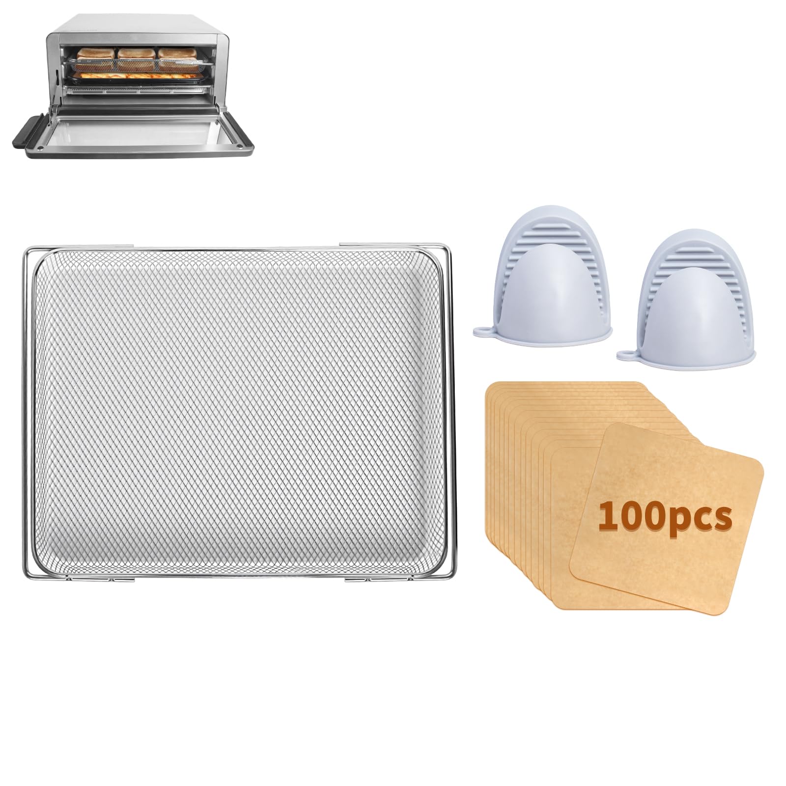 Air Fry Basket Kit Compatible with Ninja sp151 Flip Toaster Oven and Air Fryer,Replacement Air Fryer Basket Accessories and 100pcs Parchment Pape with 1 Pairs Mini Oven Gloves Silicone
