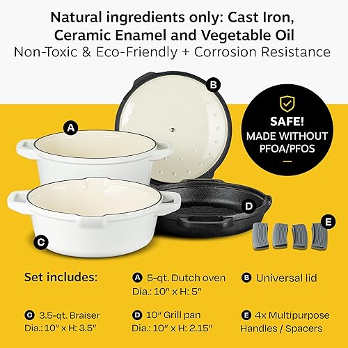 Miniatura 5 de NATIVO 5 piece Stackable Cast Iron Cookware Set, Versatile Enamel Dutch Oven, Seasoned Grill Pan & Enamel Braiser with Pour Spouts, Universal Lid,