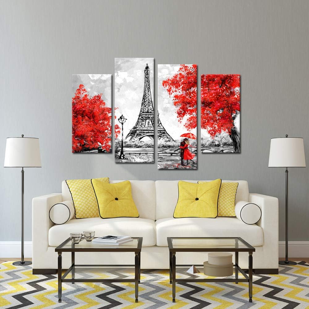 Kreative Arts 4パネルキャンバスウォールアート ブラック&amp;ホワイト レッド 傘 街のカップル エッフェル塔 油