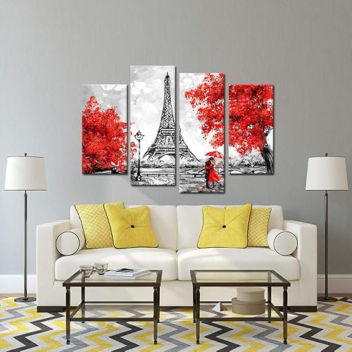 Miniatura 2 de KREATIVE ARTS Lienzo de 4 paneles para pared, diseño de paraguas negro, blanco y rojo, para pareja en la calle, torre Eiffel, pintura al óleo