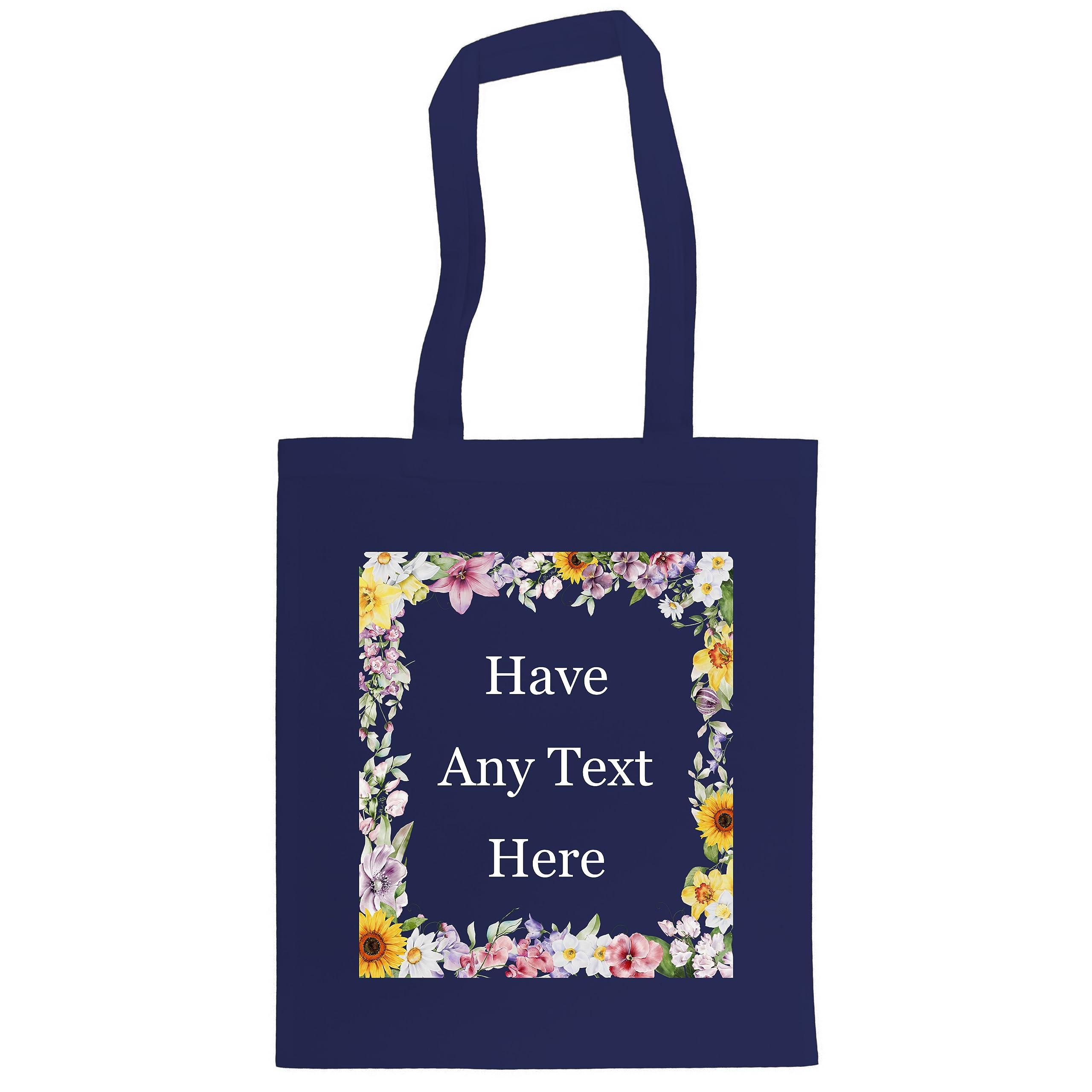 Personalised Watercolour Floral Border Any Text Tote Bag. Shopping Bag. Custom Printed. 10 BAG COLOURS. 13 Text Colours 100% Cotton. Any Name (French Navy)