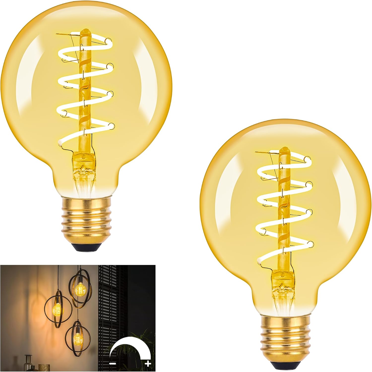 Light Bulb e27 Screw Bulb, Vintage LED Light Bulbs, Dimmable Screw Edison Bulbs, G95 Globe Bulbs, Decorative Light Bulbs Amber Glass, Warm White 2200K, 40W Equivalent, 4W 350lm, Pack of 2 [Energy Class F]