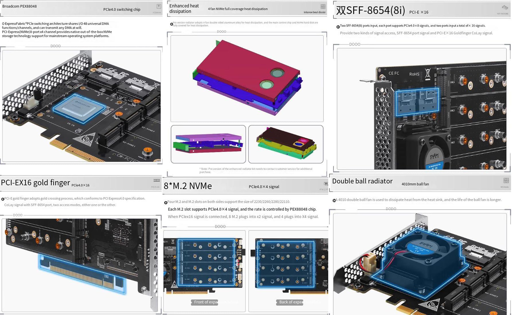 Broadcom PEX88048 Array Card/8 PCIe 4.0 x16 M.2 NVMe z chłodzącym wentylatorem kulowym 4010 / 2 x SFF-8654(8i)/Support Soft Array/2230 2260 2280 22110 M.2NVMe / podwójny zasilacz