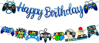 Video Game Birthday Banner Glitter Blue Game Party Banners 2Pcs Gaming Theme Birthday Party Decoration Game on Player Cutout Banners for Level Up Baby Shower Supplies