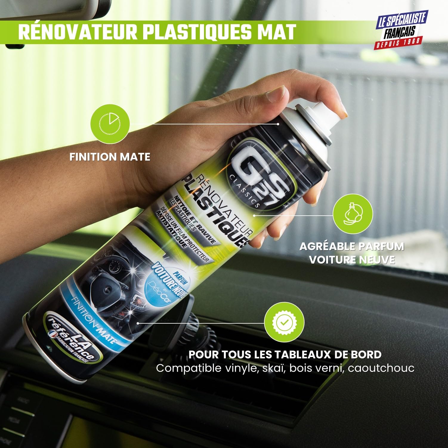 GS27 - Rénovateur Plastiques Voiture - Finition Mate - Parfum Voiture Neuve - Spray 400 ML