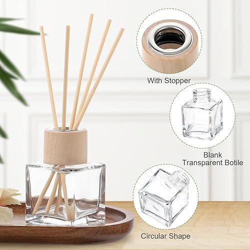 Miniatura 3 de Juego de 12 botellas difusoras de varillas vacías de fragancia de vidrio difusor, juego de botellas difusoras recargables con tapas de madera,