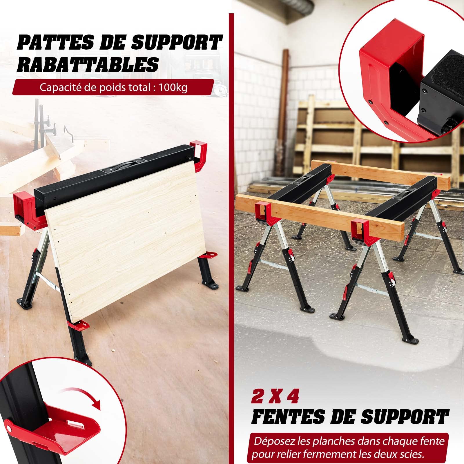 COSTWAY Lot de 2 Tréteaux Métalliques Robuste, avec Pieds Antidérapants Ajustables Reglable 61,5 à 82,7 cm, Grand Support Jusqu’à 1180kg Usage en Paire