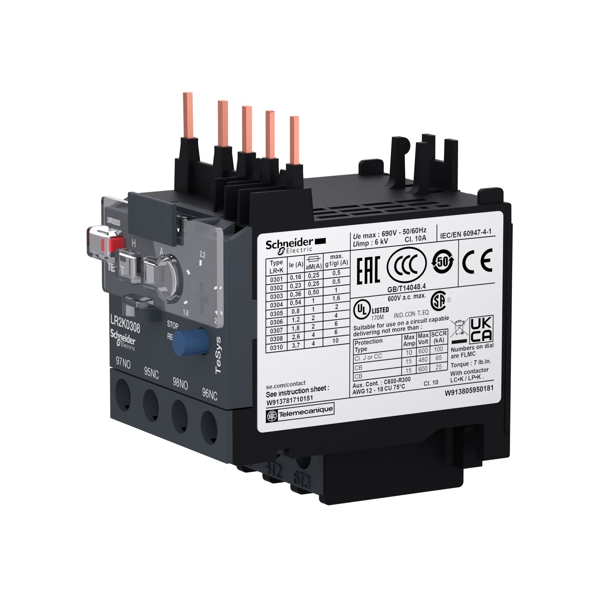 Schneider Electric LR2K0308 Tesys K Relés Térmicos Diferenciales, 1,8.2,6, Clase 10A
