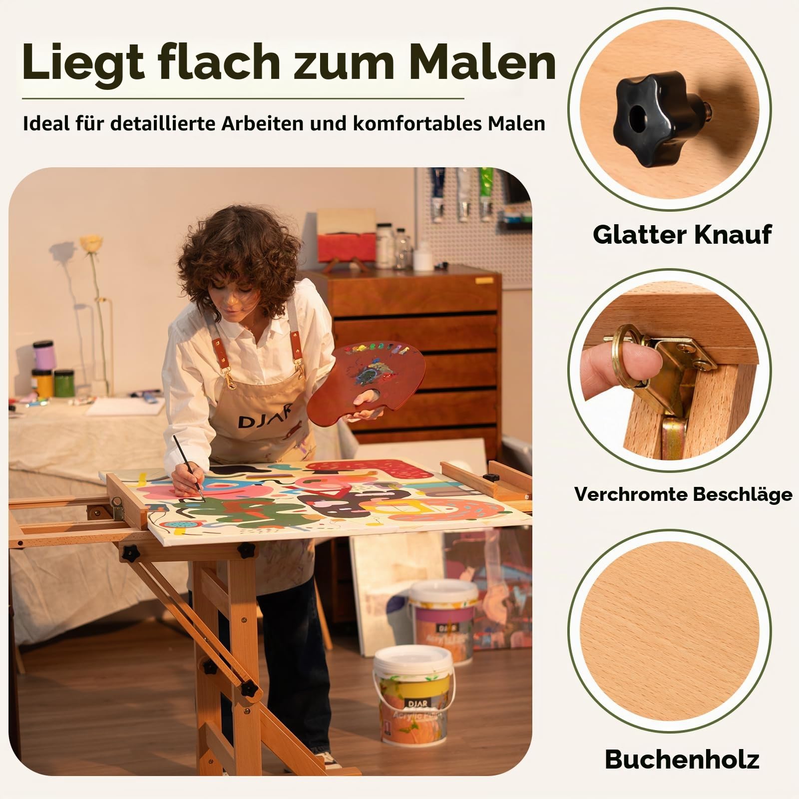 DJAR Extra Großes H-Rahmen Staffelei aus Buchenholz, Verstellbare Profi Atelierstaffelei mit Rollen, Neigbar für Aquarell & Ölmalerei, Hält 1 oder 2 Leinwände bis 201 cm, Natur