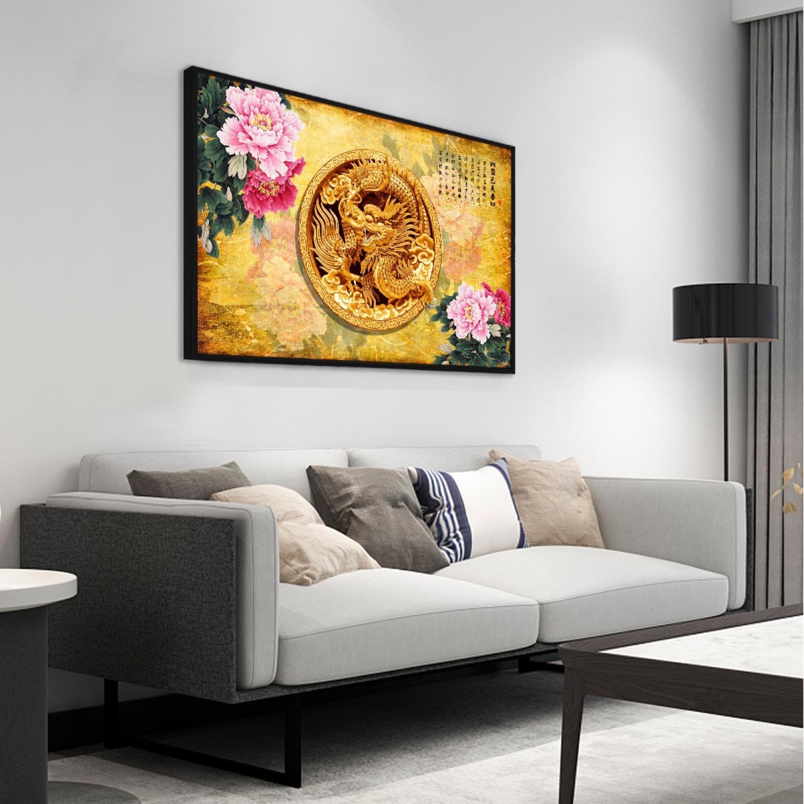 Via Vela Dragon doré Toile Art mural Murale culturelle chinoise Rose riche Pivoine Fleurs Œuvres d’art Impressions Affiches de style asiatique Peinture pour décor de bureau 40x60cm avec cadre noir