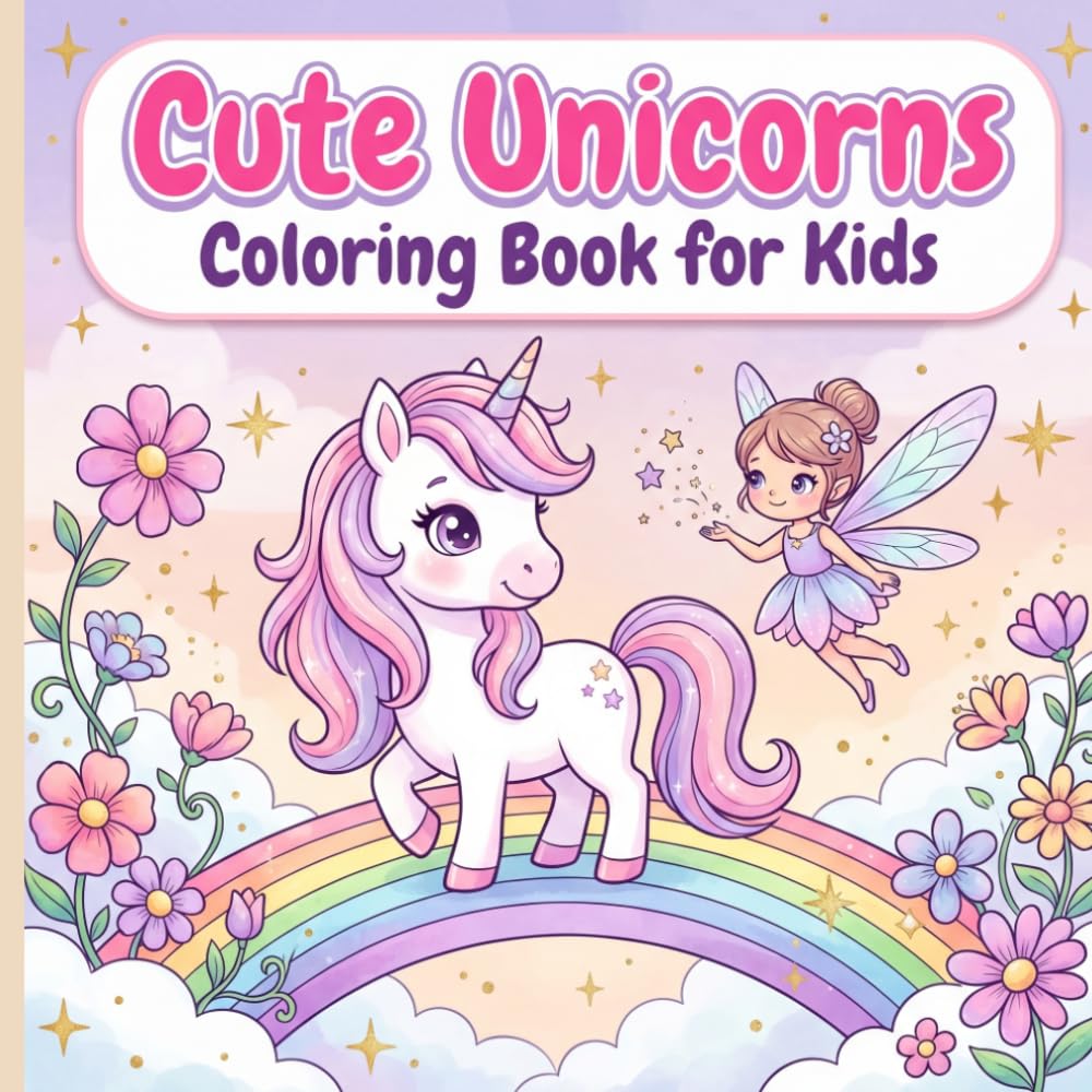 Cute Unicorn Coloring Book for Girls Ages 3–8: 45+ Large Bold Pages with Rainbows, Flowers & Magical Scenes — Perfect Gift for Unicorn Lovers