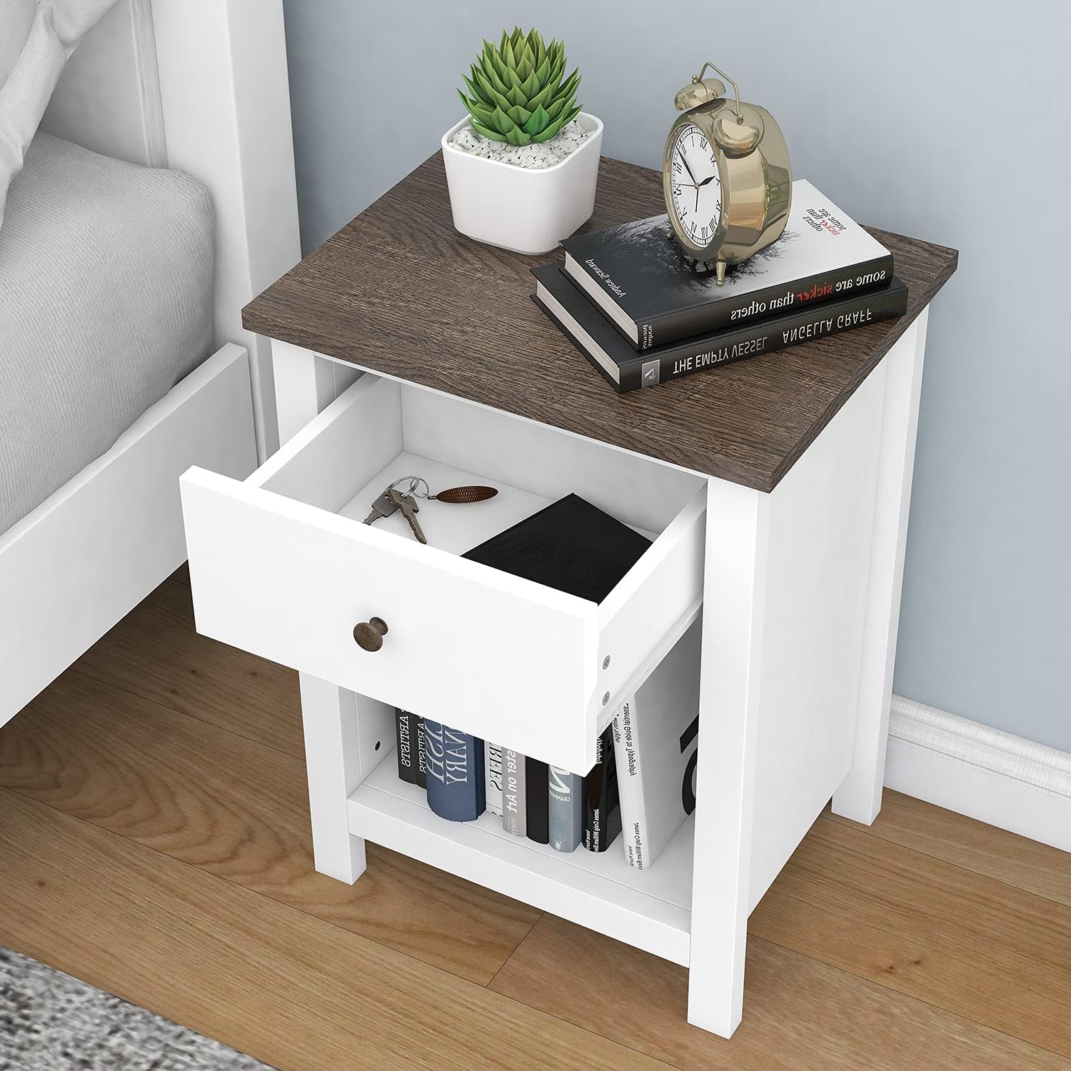 ChooChoo Nightstand Bedroom, Side Table with 1-Drawer Storage Cabinet, Wooden End Table Bedside Table, White : Home & Kitchen