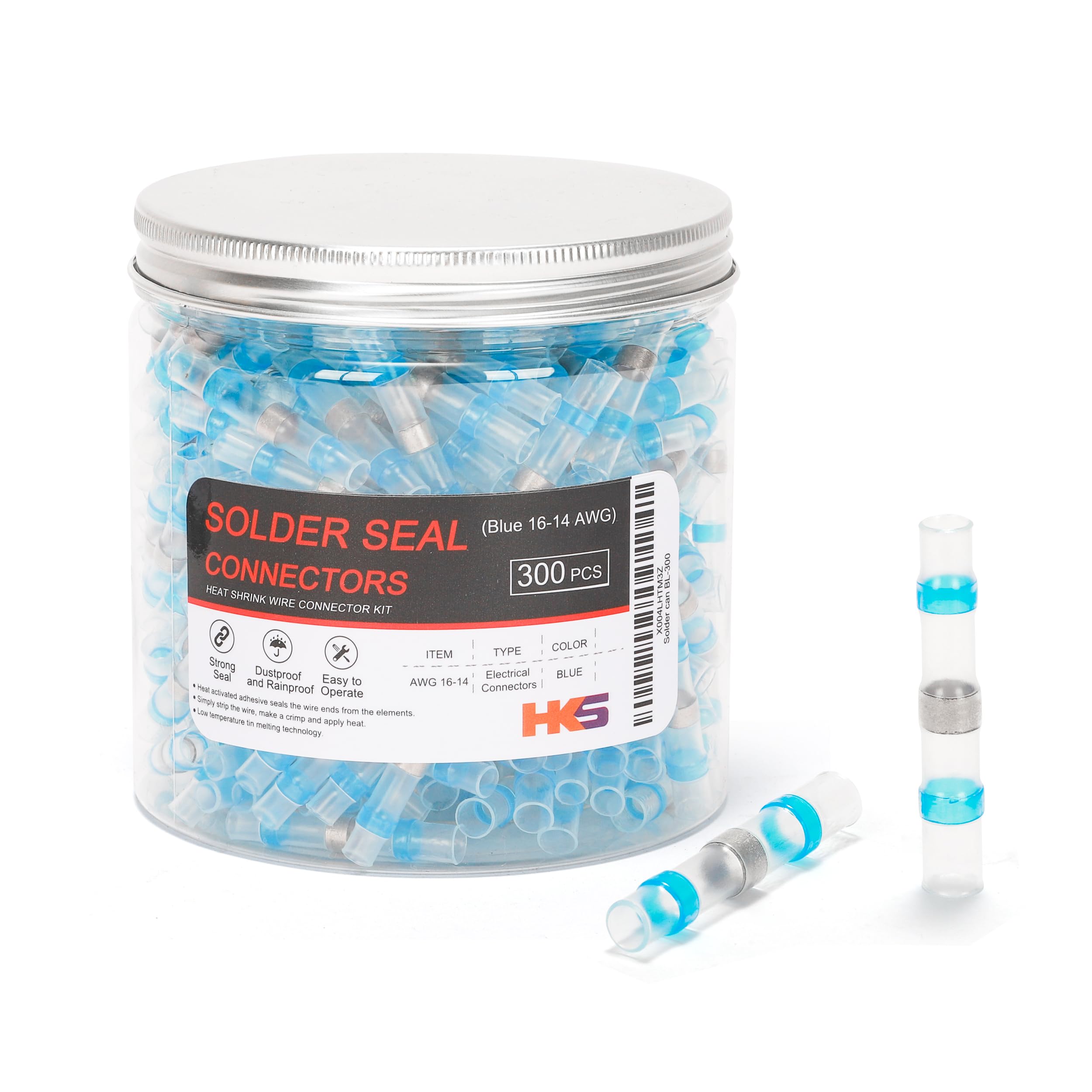 HKS 300PCS Solder Seal Wire Connectors – 16-14 AWG Blue Heat Shrink Butt Terminals – Waterproof Electrical Wire Splice for Automotive, Marine, and DIY