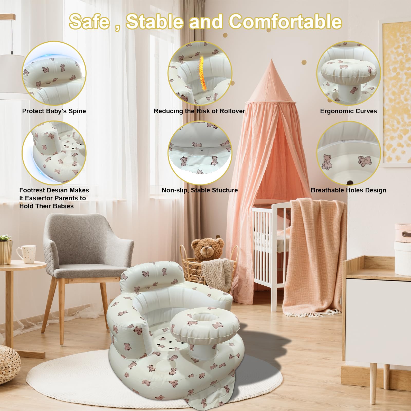 Inflatable Baby Seat for Babies 3-36 Months, Baby Chair with Fence & Built in Air Pump, Blow Up Floor Baby Seat with Back Support, Inflatable Baby Chair Sit Me Up for Home Bear-Tray