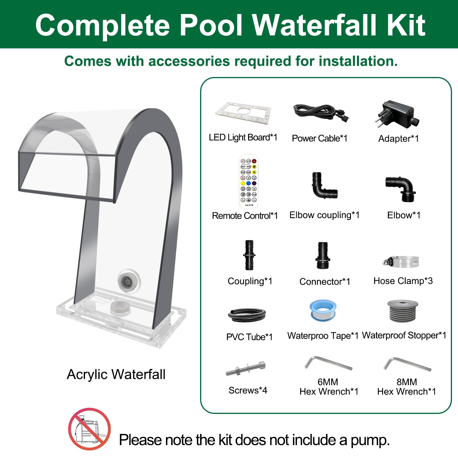 LONGRUN Estanque cascada, en forma de S, acrílico, 25 x 42,5 x 26 cm, fuente de piscina con 7 colores Bluetooth, juego de cascada para jardín y piscinas