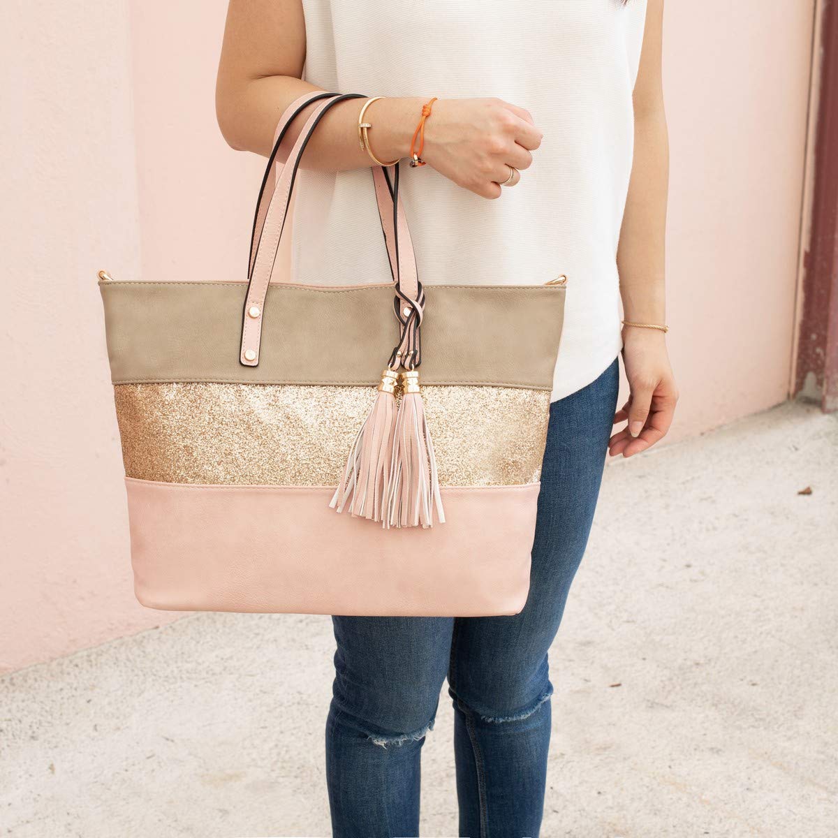 CRAZYCHIC - Damen Streifen Pailletten Handtasche - Tote Shopper Weiches PU Leder - Schultertasche Umhängetasche - Casual Multicolor Gestreift Große Kapazität - Arbeit Schule Strand Shopping - Rosa