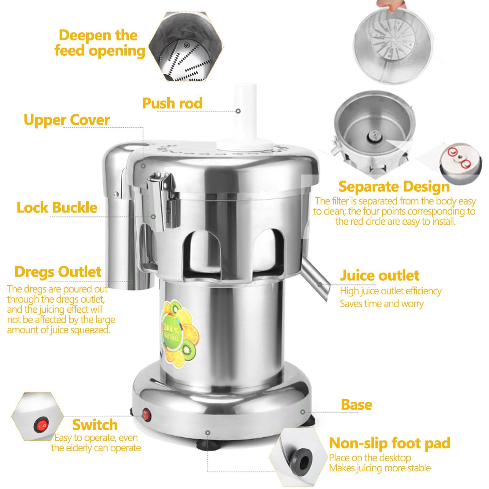 Exprimidor de cítricos, exprimidor de frutas y verduras, acero inoxidable de calidad alimentaria, exprimidor eléctrico de cítricos de 370 W, separación automática del orujo de zumo