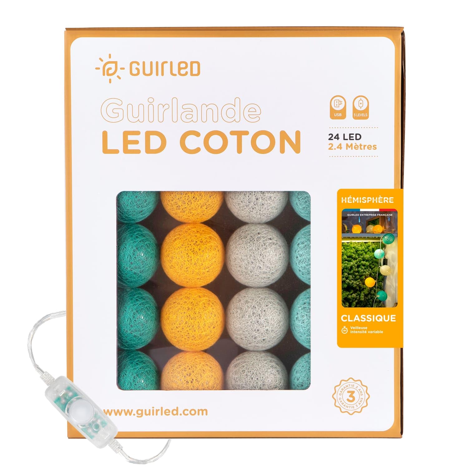 GuirLED - Lichtsnoer met bolletjes, katoen, led, USB, draadloze afstandsbediening, nachtlampje voor baby's 2 uur, netadapter dual USB 2 A inbegrepen, 4 intensiteiten, 16 ballen van 1,6 m, Provence