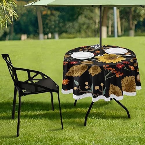 Miniatura 6 de Qilmy Mantel de girasol para exteriores, 60 pulgadas, impermeable, redondo, con agujero para sombrilla y cremallera, para decoración de barbacoa y