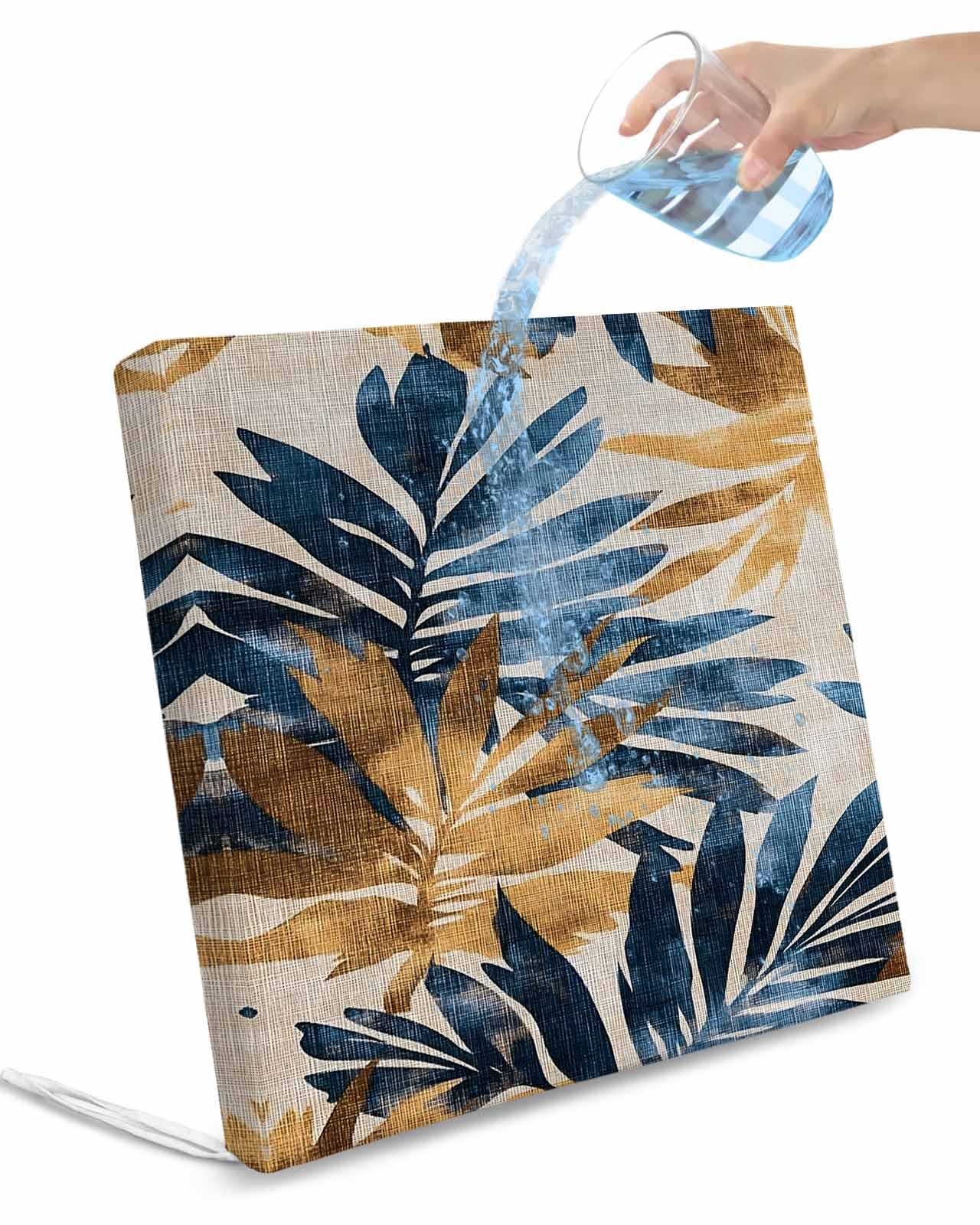 2 Pack Navy Blue Brown Waterproof Cushion Covers with Ties, Outdoor Patio Chaise Lounge Chair Seat Cushion Slip Covers Replacement(Only Cover) Tropical Palm Leaves Retro 22