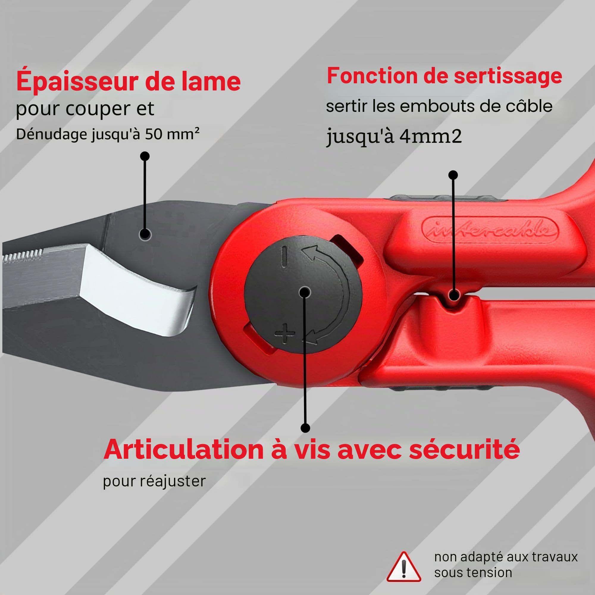 Intercable 16020-F1 Ciseaux Coupe-Câbles en Acier Inox avec Étui | Outil 3-en-1 pour couper, dénuder et sertir. Manche antichoc ergonomique réduisant l'effort de 50%. Longue durée de vie.