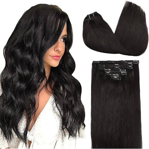 DOORES Clip in Remy Hair Extensions 24 Inch 120g 7pcs Natural Black Human Hair Extensions Clip in Natural Hair Extensions Straight Thick