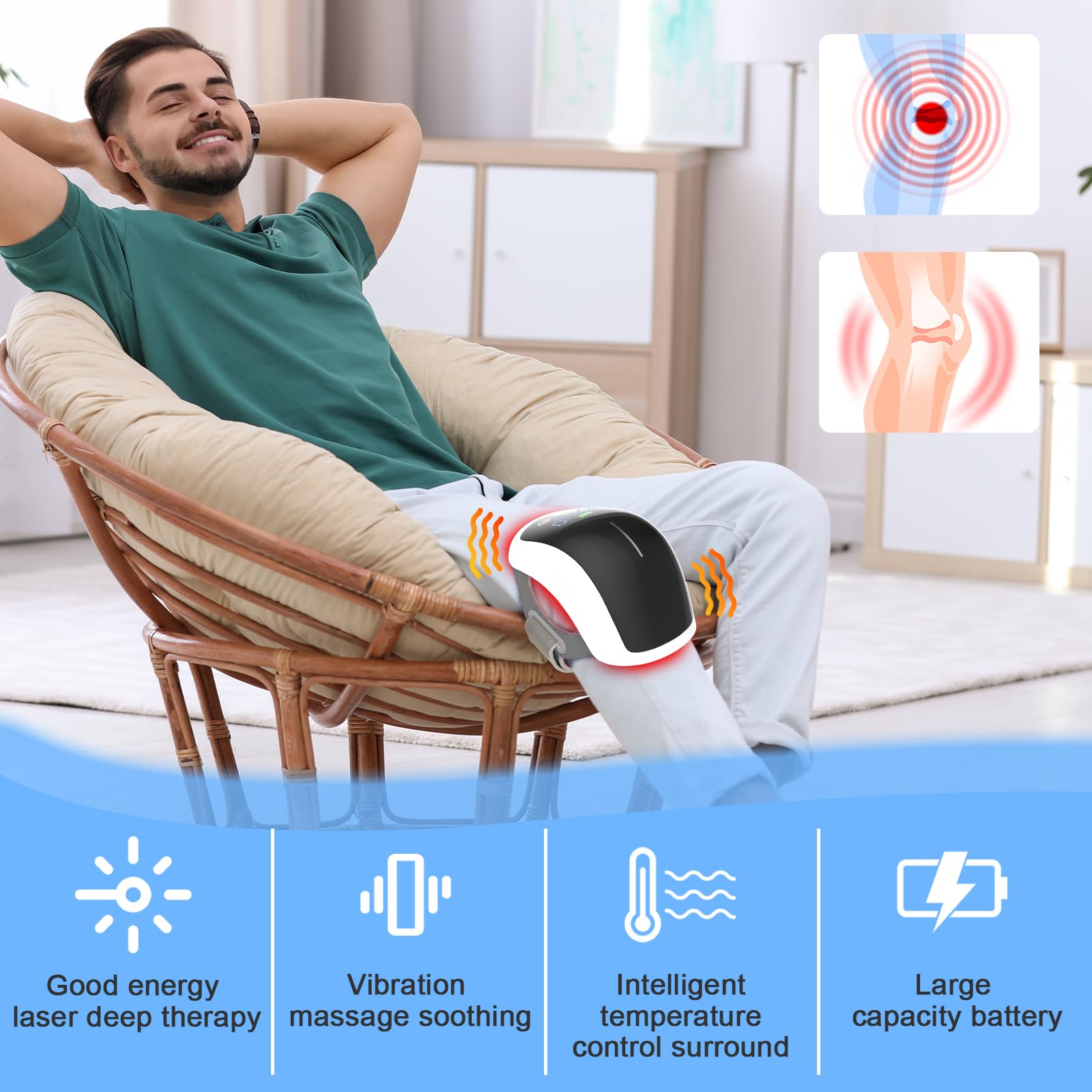 iKeener Bezprzewodowy masażer kolana, ulga w bólu stawów, 630/660/880 nm, czerwone światło na podczerwień, zimna terapia laserowa, poręczna orteza na kolano, masaż wibracyjny do obrzęku sztywnych