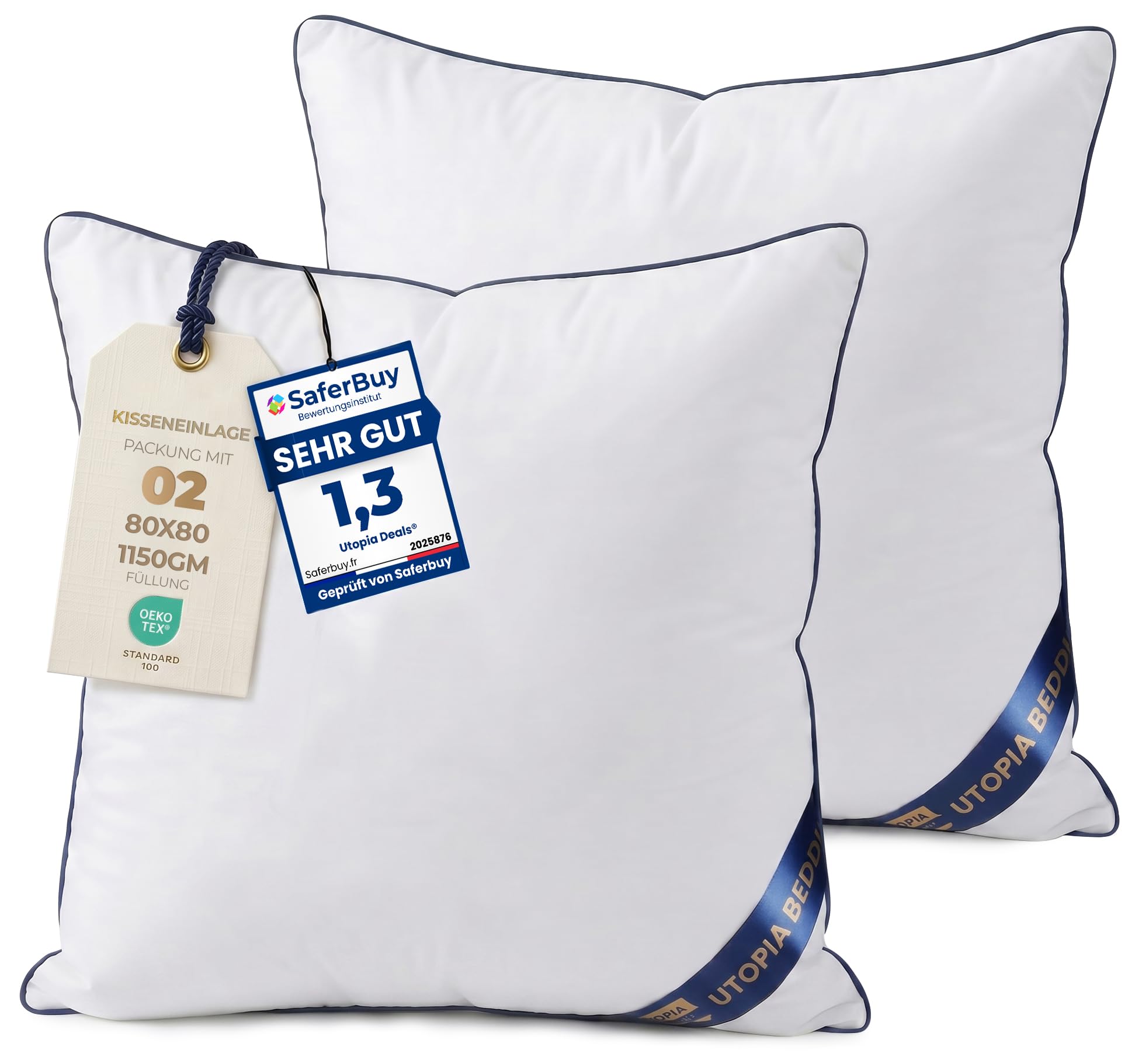 Utopia Bedding 2er Set Kissen 80x80 cm, Kissenfüllung für Bett und als Dekokissen, Sofakissen, Zierkissen für Couch (Weiß)