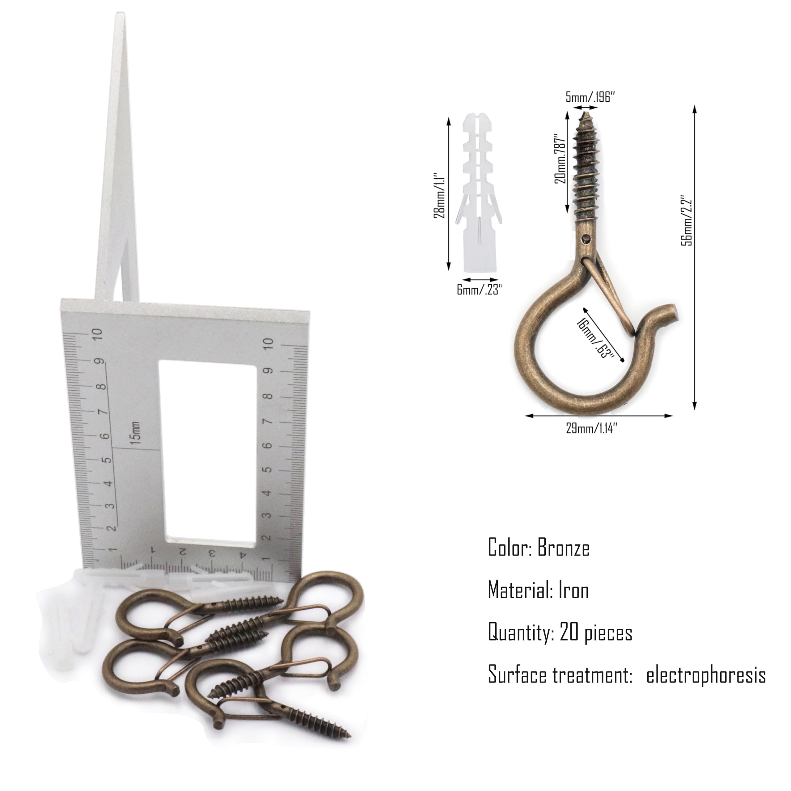 SCXCLY 20pcs Q Hanger Hooks with Safety Buckle, Screw Hooks for Outdoor String Lights (2.2''), Iron (electrophoretic),Bronze-Color