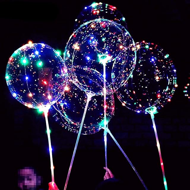 Re-usable 6 PACKS LED Light Up BoBo Balloons with Stick,3 Levels Flashing LED String Lights,20 Inches Bubble Balloons, Air Pump, for Christmas Birthday,Glow in the Dark Party Supplies Decoration