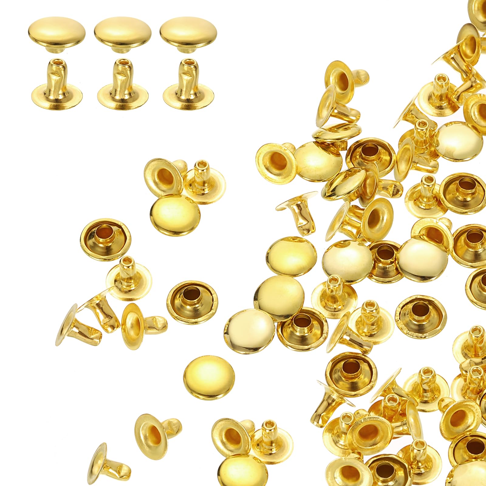 sourcing map 200 Sets Single Cap Rivets 8mm Carbon Steel Round Head Snaps Studs Fasteners Tubular Metal Studs for Leather Craft Repairs Decoration, Gold