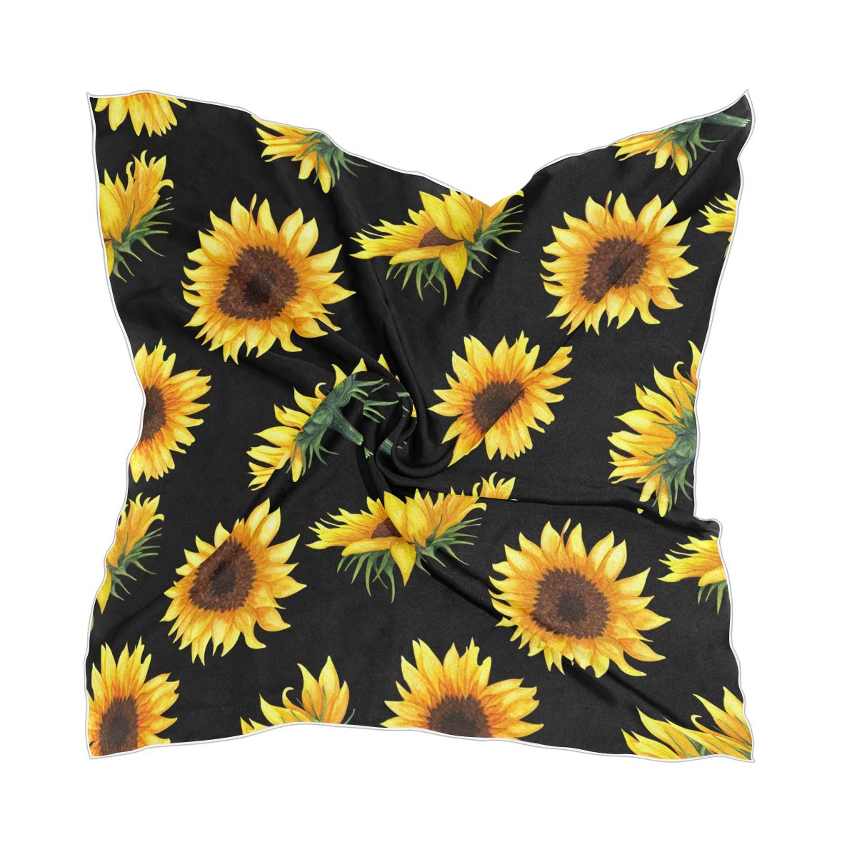 Neck Square Scarf Yellow Sunflowers Black Silk Feel Bandana Women Ladies Stewardess Hand Head Handbag Multiuse